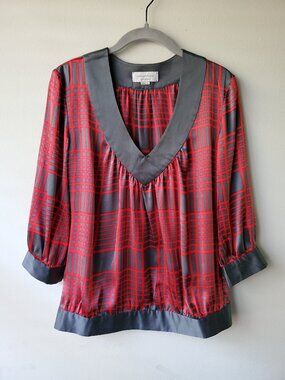 NEW Adam Lippes 100% Silk Red & Grey Geometric Blouse - 3/4 Sleeve V-Neck 2